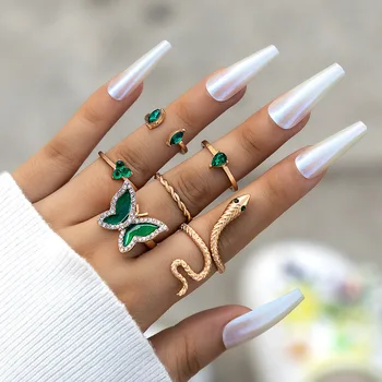 Модное женское кольцо-бабочка-змея из 6 предметов, набор страз, ювелирные аксессуары с зеленым камнем, темперамент, подарок для друзей