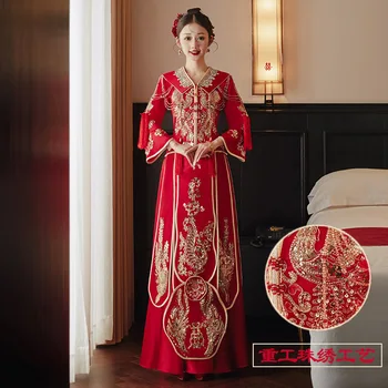 Oversize 6XL Красная Вышивка Невеста Жених Свадебный Комплект Cheongsam Винтажные Влюбленные Свадебное Платье Костюм Восточный Тост Одежда