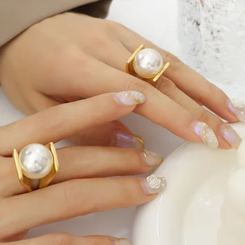 Minar Нежная Y-образная форма, большие кольца-шармы с имитацией жемчуга для женщин, 18-Каратное золото, Нержавеющая сталь с PVD покрытием, Геометрическое Массивное кольцо