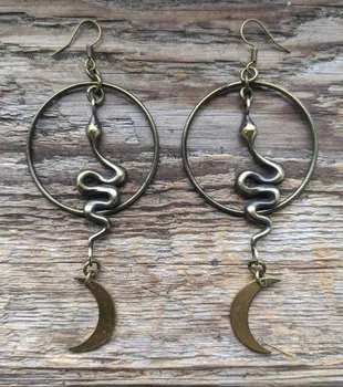 Латунные серьги-кольца в виде змеи и Луны - уникальные украшения ручной работы из змеи, креативный подарок ведьминой богини-змеи