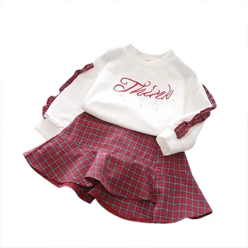 Новинка весны 2018 года, топ с цветочной вышивкой для девочек + юбка в клетку, комплект из 2 предметов в комплекте