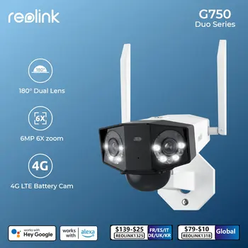 Двухобъективная Аккумуляторная камера Reolink Duo 2 серии G750 4G LTE с панорамой 180 °, 2K + 6MP Super HD, Перезаряжаемая Батарея или солнечная энергия