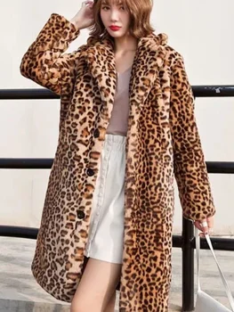 Женское теплое длинное пальто из искусственного меха Лисы, зимняя Леопардовая длинная куртка для отдыха, ветровка, женская толстая пушистая роскошная верхняя одежда Bontjas