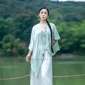 2024 традиционная китайская винтажная блузка с национальной цветочной вышивкой, атласная жаккардовая блузка, восточный чайный сервиз, рубашка, уличная одежда