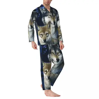 Пижамный комплект Wild Wolf с животным принтом, милая мягкая пижама для мужчин, повседневная пижама с длинными рукавами, 2 предмета, большой размер XL 2XL