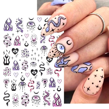 3D Фиолетово-синие наклейки для ногтей Evil Eyes Слайдеры Snake Moon Star Line для дизайна ногтей, летний декор, наклейки с пламенем, маникюр