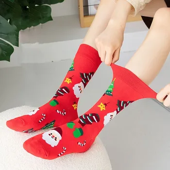 Осенние Теплые Удобные Мягкие Носки Санта-Клауса, дышащие носки средней длины, женские носки, Рождественские носки, хлопок