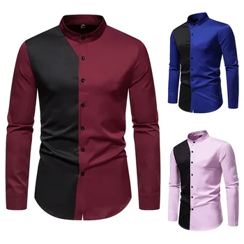 Весной и осенью 2023 года Новые мужские контрастные рубашки с длинным рукавом Облегающие однотонные деловые рубашки