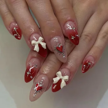 Накладные ногти Red Love с 3D дизайном в виде банта, накладные накладные ногти Леди, День Святого Валентина, Носимые накладные ногти, подарок для девочек